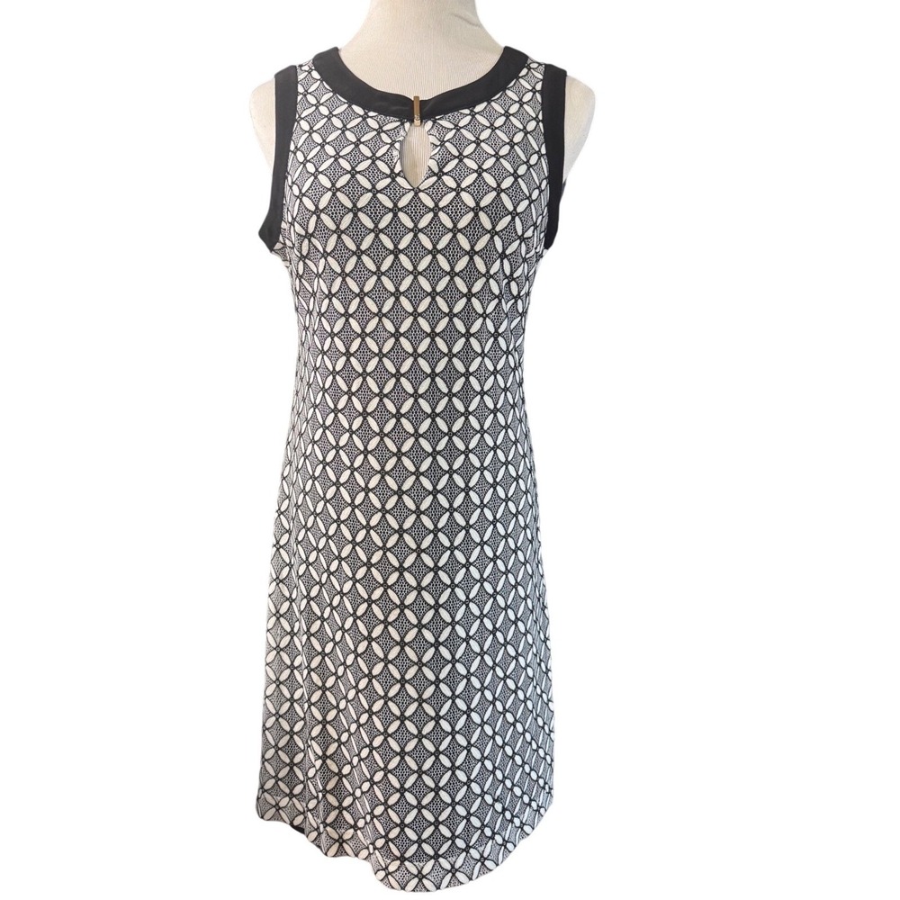 Tommy Hilfiger Dress Womens 10 Lace Geometric Shift Black White Keyhole Zip 36"